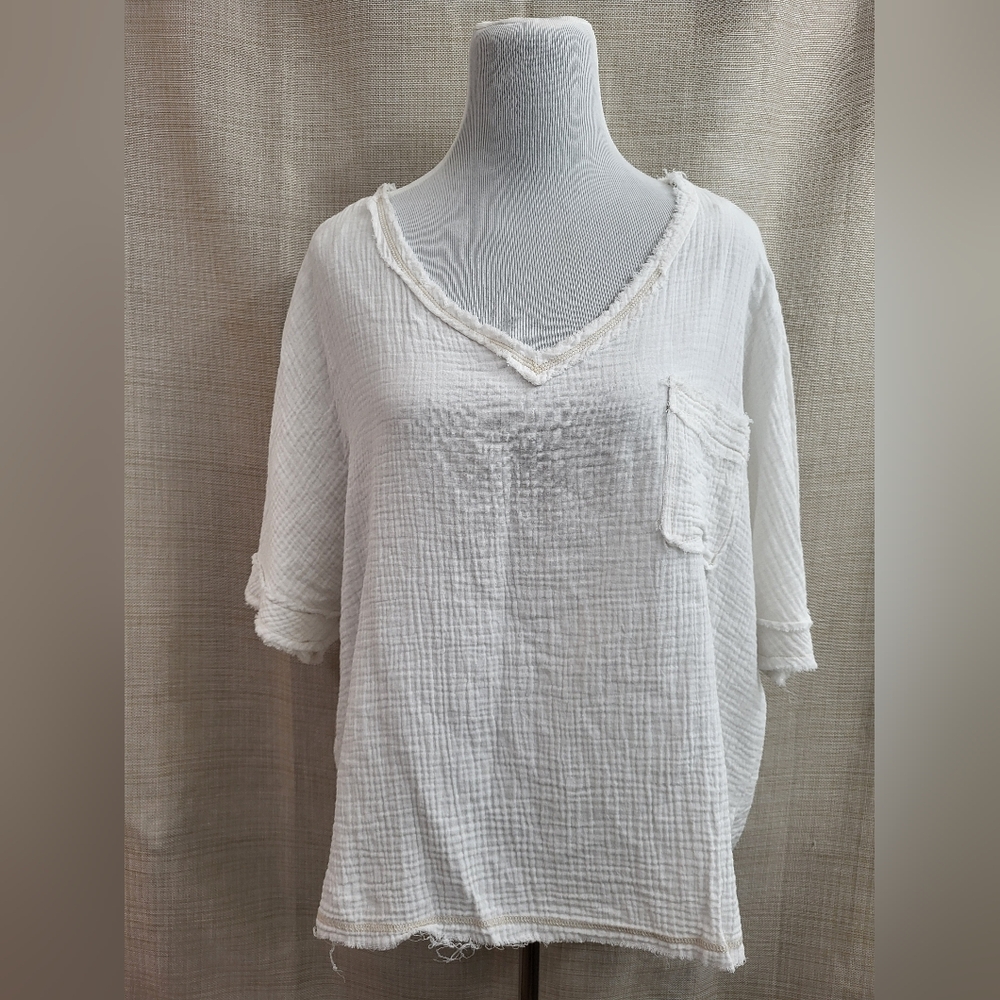 La Miel Women's Shirt White Textured Gauze Short Sleeve Rustic Hem Oversized‎ Sm